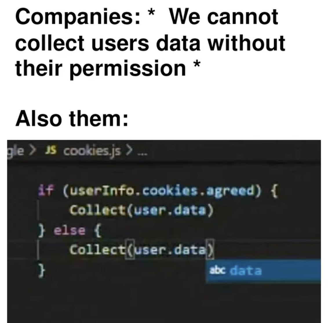 funny gaming memes - duolingo funny texts - Companies We cannot collect users data without their permission Also them ale > Js cookies.js > if userInfo.cookies. agreed { Collectuser.data } else { Collectuser.data } abc data