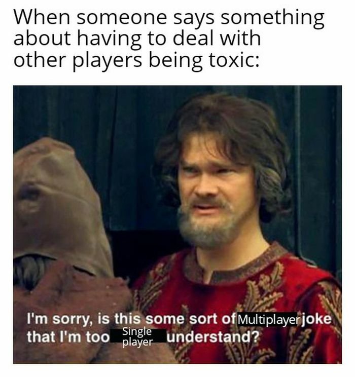 funny gaming memes - cultural differences memes - When someone says something about having to deal with other players being toxic I'm sorry, is this some sort of Multiplayer joke that I'm too Single player understand?