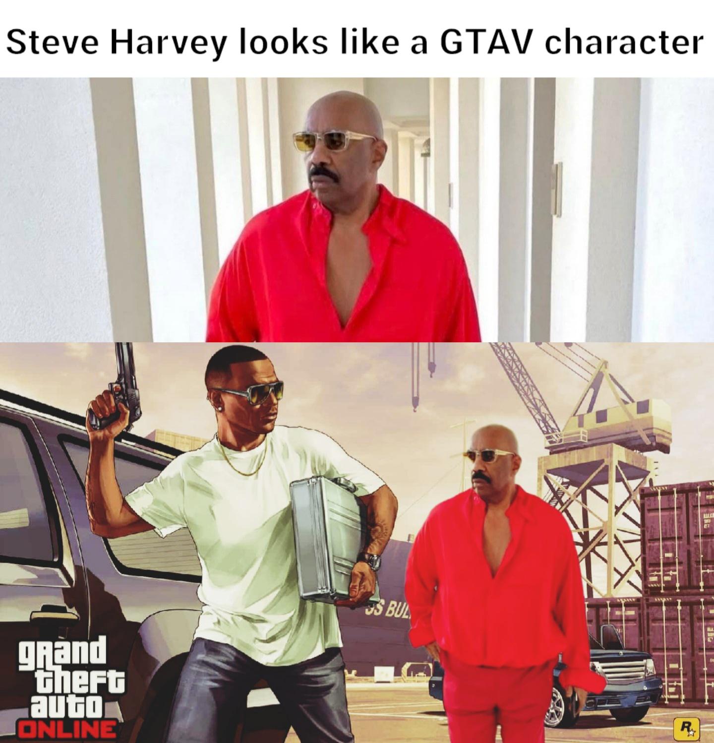 funny gaming memes - gta online heists - Steve Harvey looks a Gtav character Llc Js Bul grand theft auto Online R