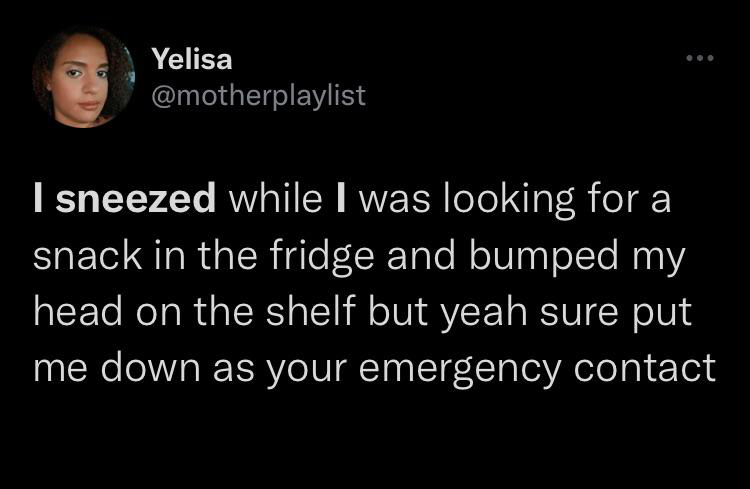 funny tweets and memes - emotion - Yelisa I sneezed while I was looking for a snack in the fridge and bumped my head on the shelf but yeah sure put me down as your emergency contact