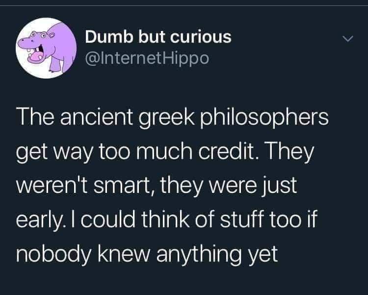 funny memes and pics - If Nobody Knew - Dumb but curious Hippo The ancient greek philosophers get way too much credit. They weren't smart, they were just early. I could think of stuff too if nobody knew anything yet