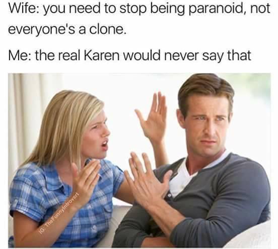 funny memes and pics - we are over meme - Wife you need to stop being paranoid, not everyone's a clone. Me the real Karen would never say that Ig TheFunnyIntrovert