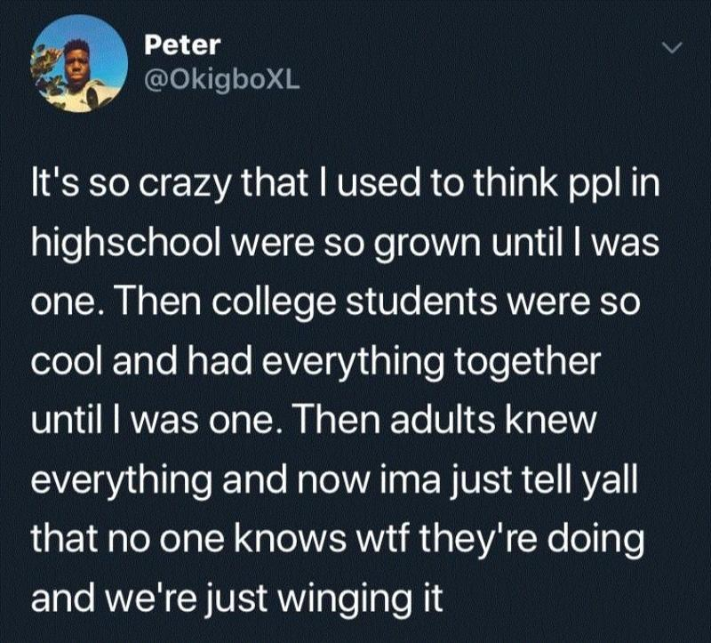 twitter memes - neovagina disasters - 28 Peter It's so crazy that I used to think ppl in highschool were so grown until I was one. Then college students were so cool and had everything together until I was one. Then adults knew everything and now ima just