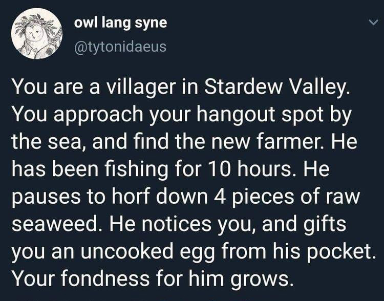 funny tweets - atmosphere - owl lang syne You are a villager in Stardew Valley. You approach your hangout spot by the sea, and find the new farmer. He has been fishing for 10 hours. He pauses to horf down 4 pieces of raw seaweed. He notices you, and gifts