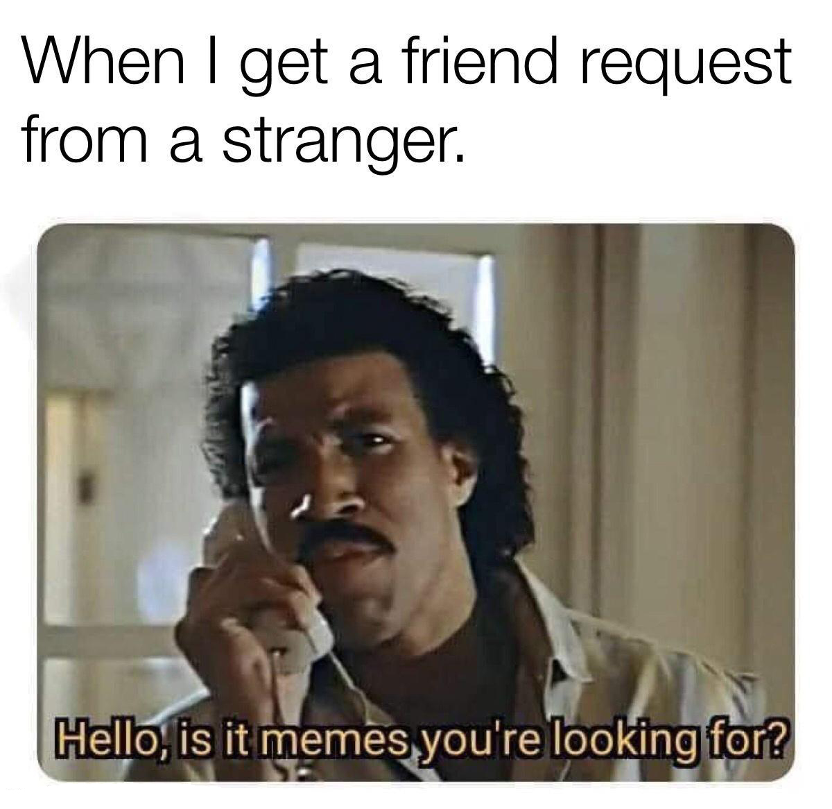 funny memes - dank memes - lionel richie is it me you re looking for gif - When I get a friend request from a stranger. a Hello, is it memes you're looking for?