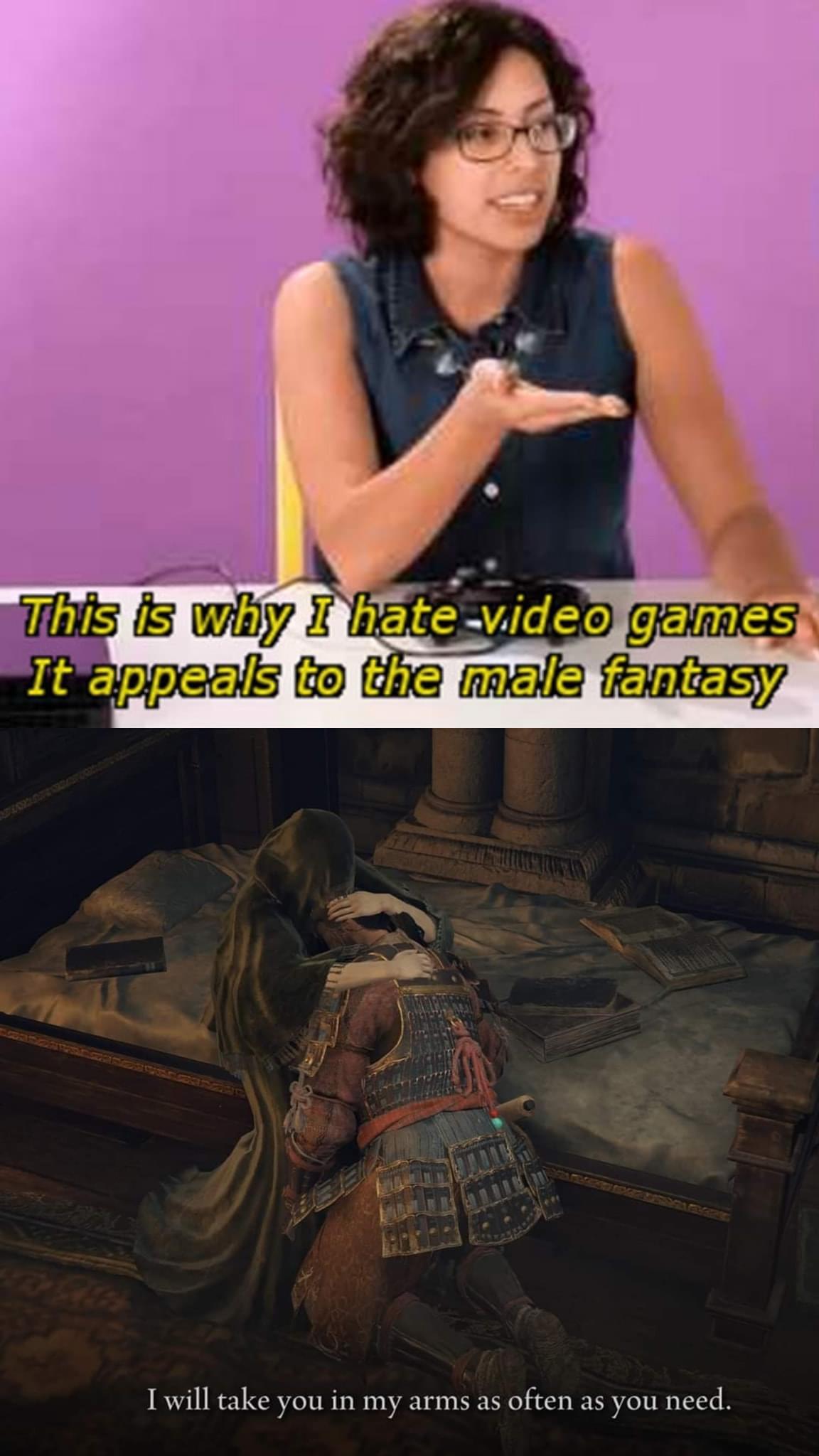 funny gaming memes  - male fantasy memes - This is why I hatevideo games It appeals to the male fantasy I will take you in my arms as often as you need.