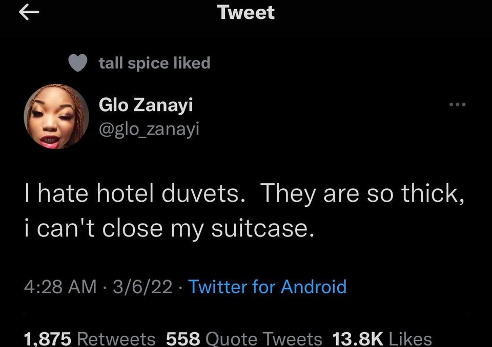 funny tweets and twitter memes - photo caption - R Tweet tall spice d Glo Zanayi I hate hotel duvets. They are so thick, i can't close my suitcase. 3622 Twitter for Android 1,875 558 Quote Tweets