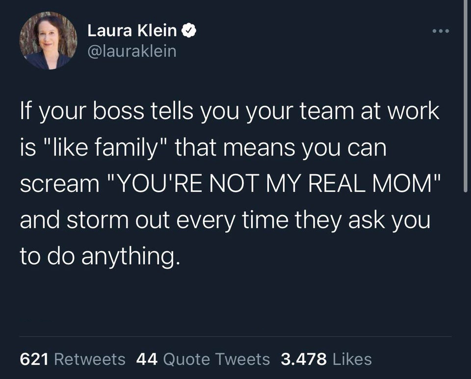 funny tweets and twitter memes - screenshot - Laura Klein If your boss tells you your team at work is " family" that means you can scream "You'Re Not My Real Mom" and storm out every time they ask you to do anything. 621 44 Quote Tweets 3.478