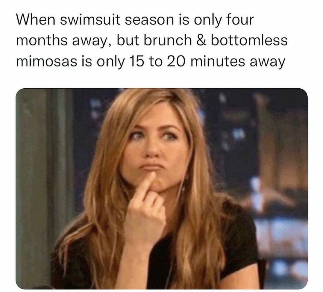 dank memes - funny memes - jennifer aniston interesting gif - When swimsuit season is only four months away, but brunch & bottomless mimosas is only 15 to 20 minutes away