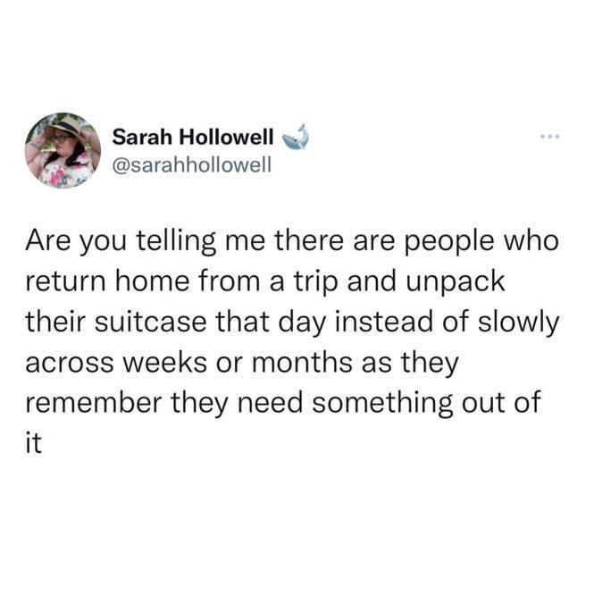 twitter memes - funny memes - celebrities replying to haters - Sarah Hollowell Are you telling me there are people who return home from a trip and unpack their suitcase that day instead of slowly across weeks or months as they remember they need something