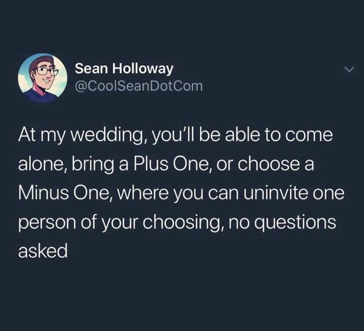 twitter memes - funny memes - Sean Holloway At my wedding, you'll be able to come alone, bring a Plus One, or choose a Minus One, where you can uninvite one person of your choosing, no questions asked