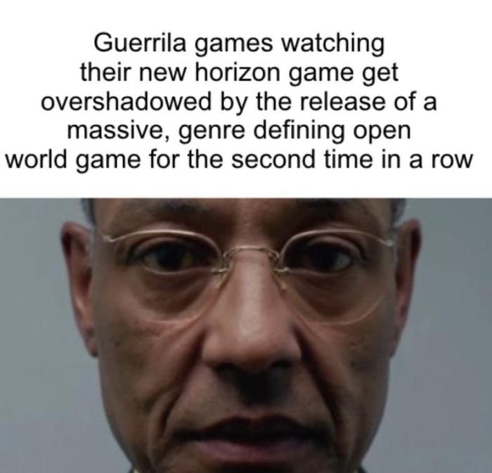 funny gaming memes - Gus Fring - Guerrila games watching their new horizon game get overshadowed by the release of a massive, genre defining open world game for the second time in a row