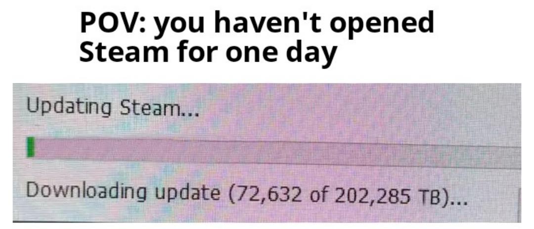 funny gaming memes - paper - Pov you haven't opened Steam for one day Updating Steam... Downloading update 72,632 of 202,285 Tb...