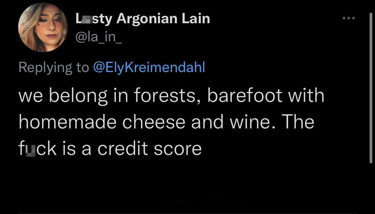 funny tweets - atmosphere - Lasty Argonian Lain we belong in forests, barefoot with homemade cheese and wine. The fuck is a credit score