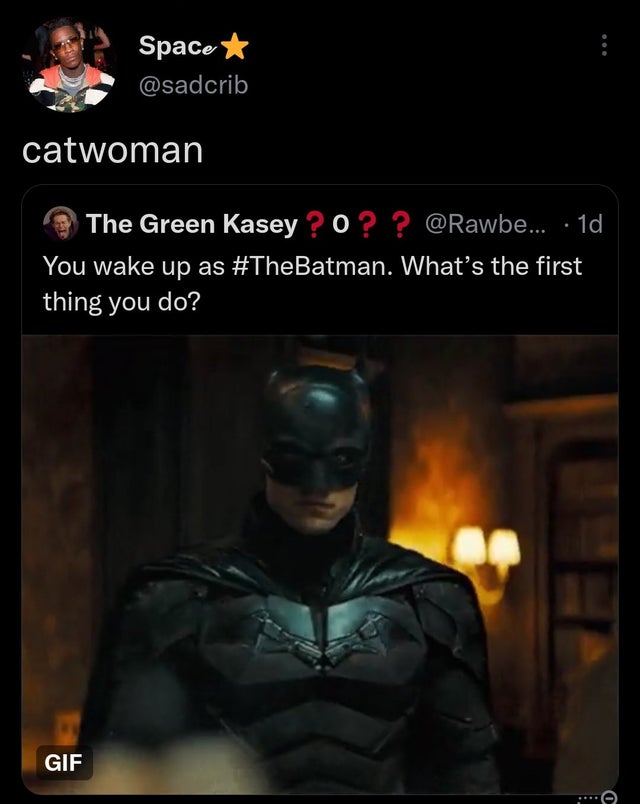 funny tweets - batman 2022 - Space catwoman The Green Kasey ? 0 ? ? ... 1d You wake up as . What's the first thing you do? Gif