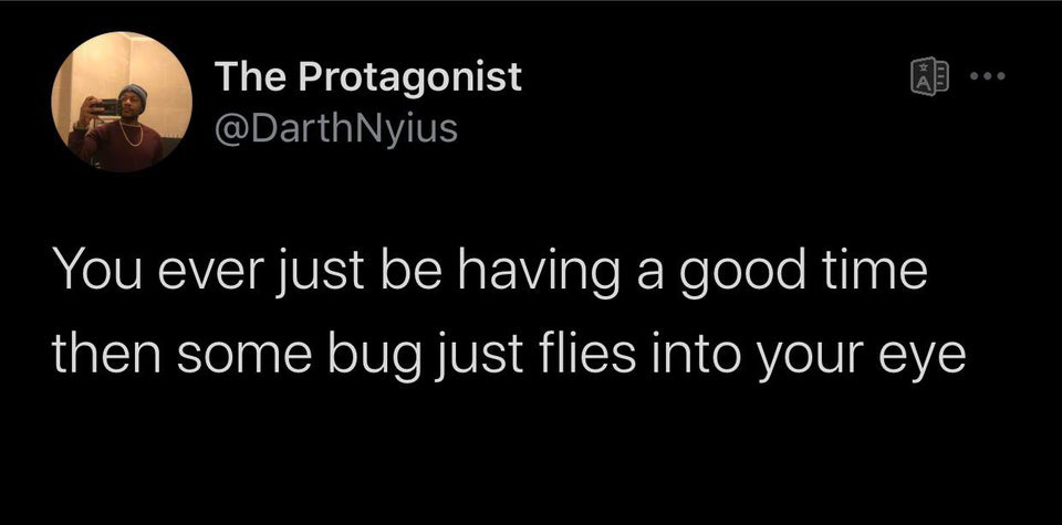 funny tweets - random twitter memes - The Protagonist You ever just be having a good time then some bug just flies into your eye