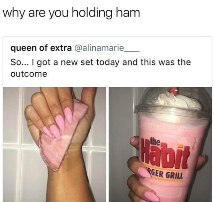 funny memes - dank memes - ham nails - why are you holding ham queen of extra So... I got a new set today and this was the outcome the Shabit Rger Grill