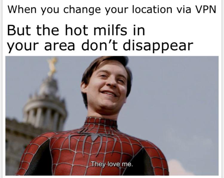 funny gaming memes - they love me meme - When you change your location via Vpn But the hot milfs in your area don't disappear They love me.