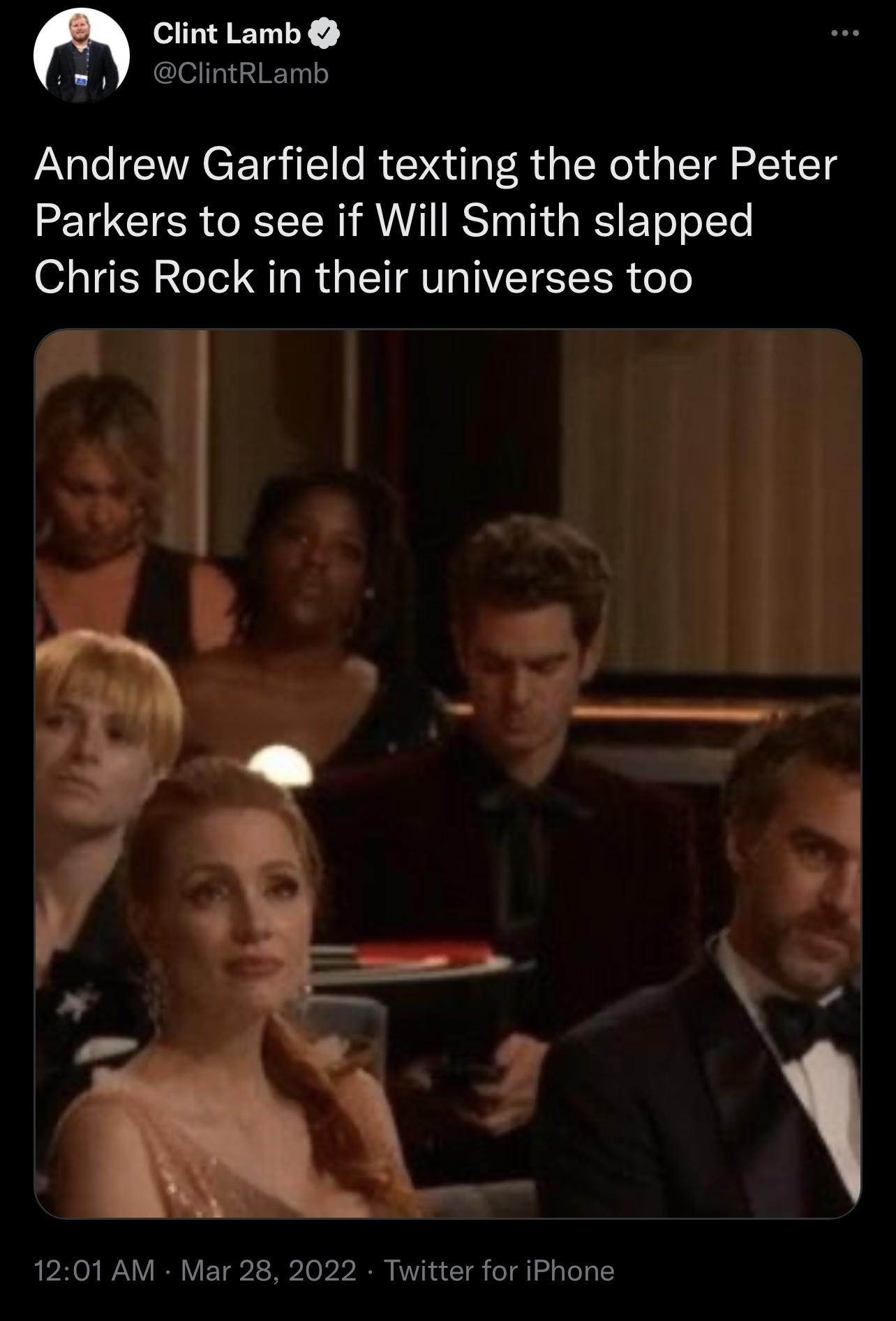 funny memes - dank memes - photo caption - ... Clint Lamb Andrew Garfield texting the other Peter Parkers to see if Will Smith slapped Chris Rock in their universes too Twitter for iPhone