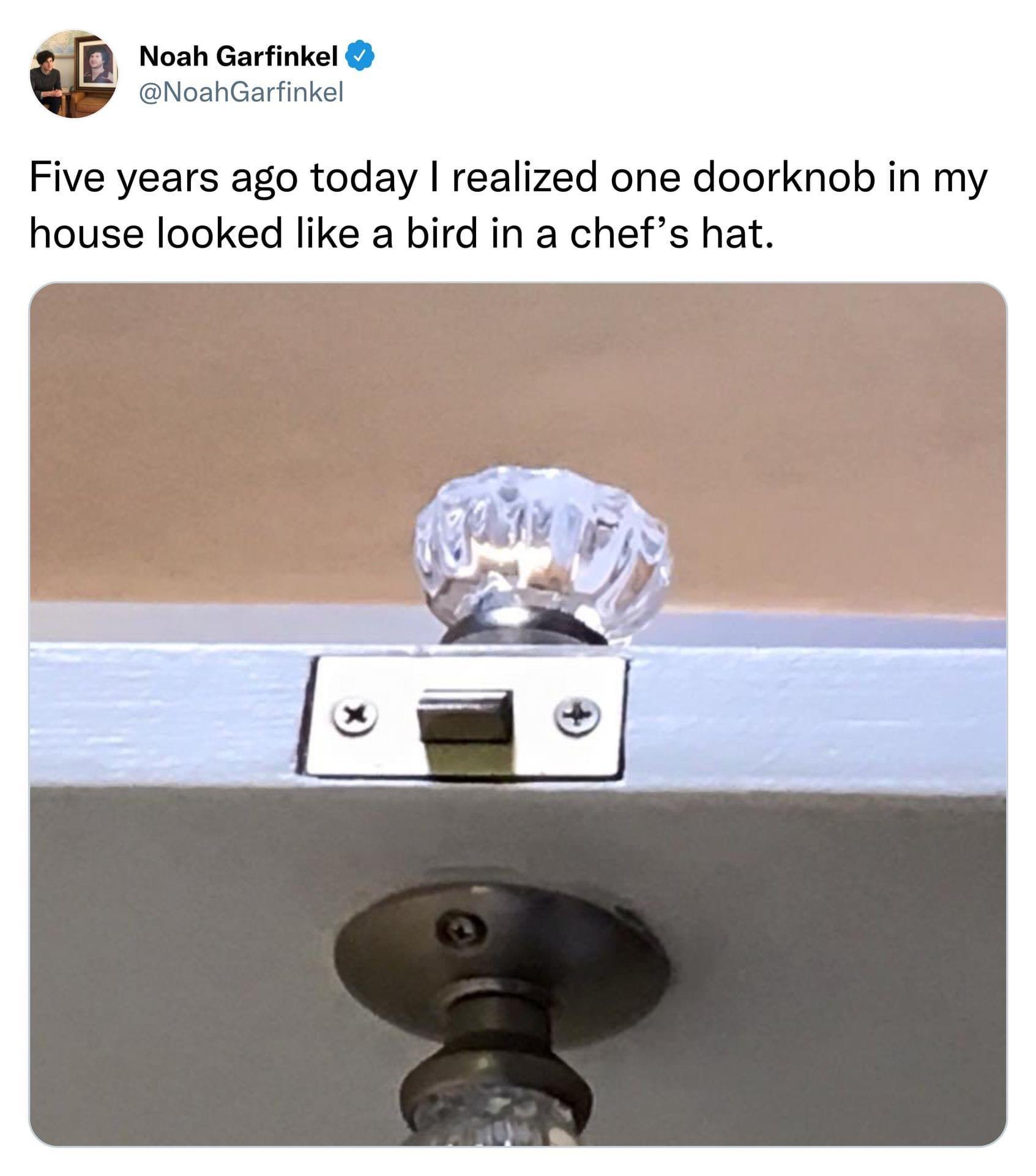 funny memes - dank memes - angle - Noah Garfinkel Garfinkel Five years ago today I realized one doorknob in my house looked a bird in a chef's hat. a