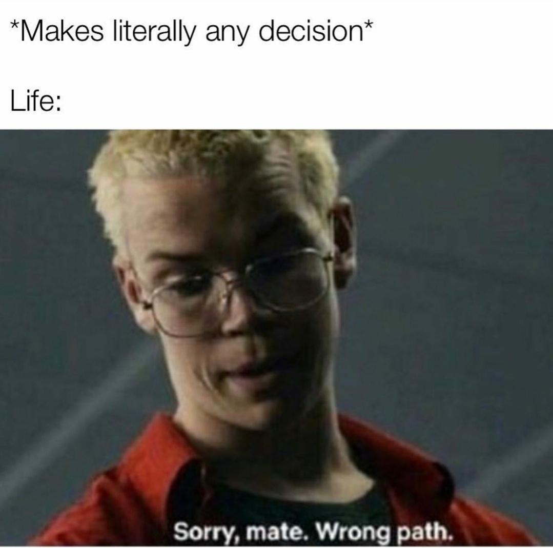 funny memes - dank memes - sorry mate wrong path - Makes literally any decision Life Sorry, mate. Wrong path.