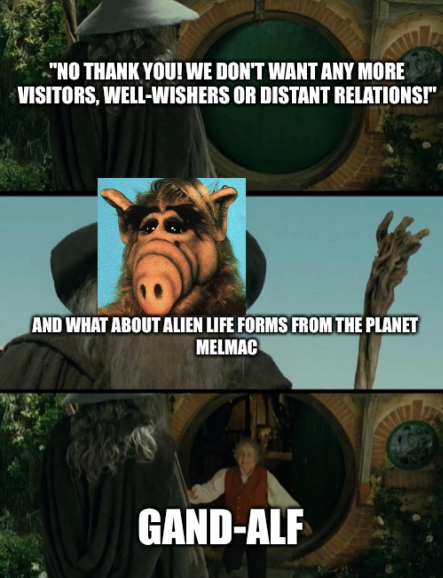 funny pics and memes - gandalf distant relations meme - "No Thank You! We Don'T Want Any More Visitors, WellWishers Or Distant Relations!" And What About Alien Life Forms From The Planet Melmac 4194 GandAlf