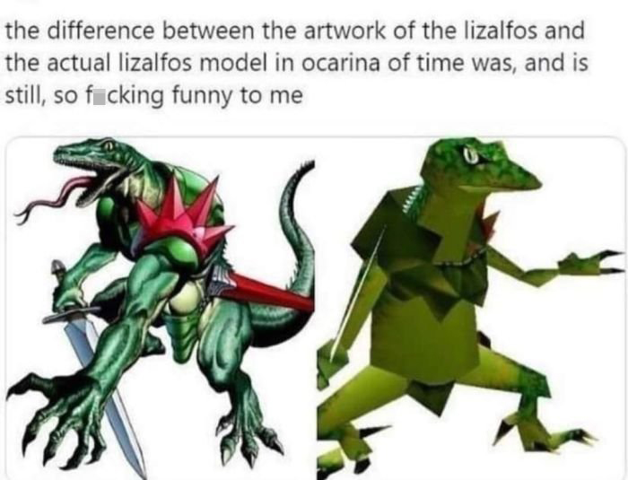funny gaming memes - ocarina of time lizalfos - the difference between the artwork of the lizalfos and the actual lizalfos model in ocarina of time was, and is still, so fucking funny to me