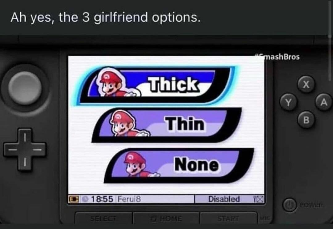 funny gaming memes - thick thin none disabled meme - Ah yes, the 3 girlfriend options. mashBros Thick Y . 791 Thin B None Feruis Disabled C Powet Select Home Start