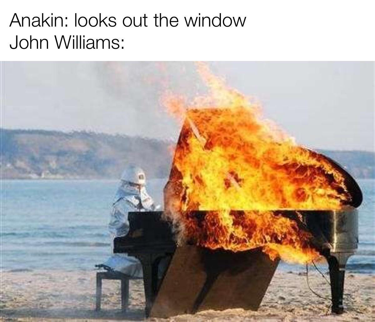 funny memes - yosuke yamashita burning piano - Anakin looks out the window John Williams