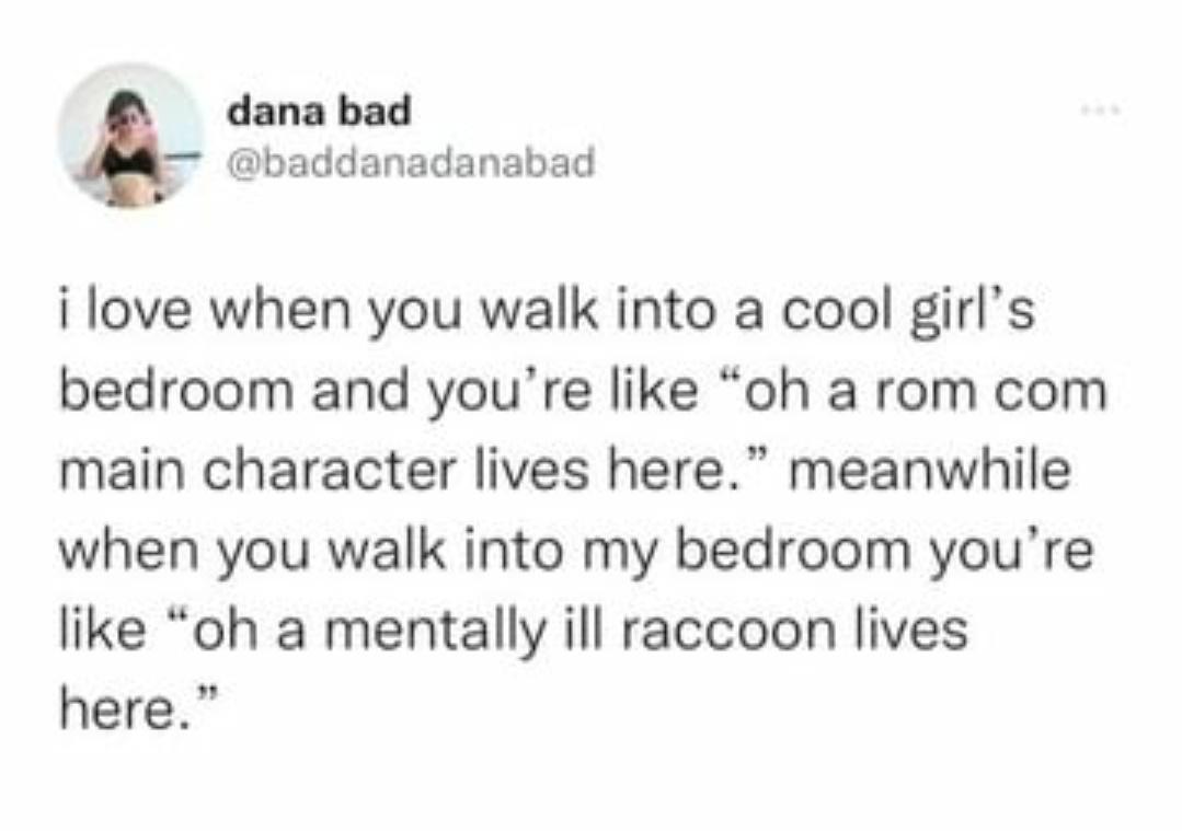 funny memes - raven paradox solution - dana bad i love when you walk into a cool girl's bedroom and you're "oh a rom com main character lives here. meanwhile when you walk into my bedroom you're "oh a mentally ill raccoon lives here."