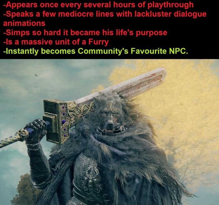gaming memes - elden ring - Appears once every several hours of playthrough Speaks a few mediocre lines with lackluster dialogue animations Simps so hard it became his life's purpose Is a massive unit of a Furry Instantly becomes Community's Favourite Npc