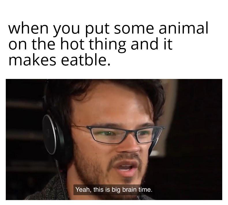 dank memes - accidentally swallowed ice cube - when you put some animal on the hot thing and it makes eatble. Yeah, this is big brain time.