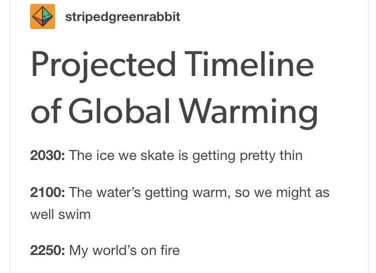 dank memes - judging by the hole in the satellite - stripedgreenrabbit Projected Timeline of Global Warming 2030 The ice we skate is getting pretty thin 2100 The water's getting warm, so we might as well swim 2250 My world's on fire