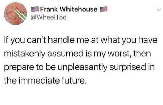 funny tweets - Frank Whitehouse If you can't handle me at what you have mistakenly assumed is my worst, then prepare to be unpleasantly surprised in the immediate future.