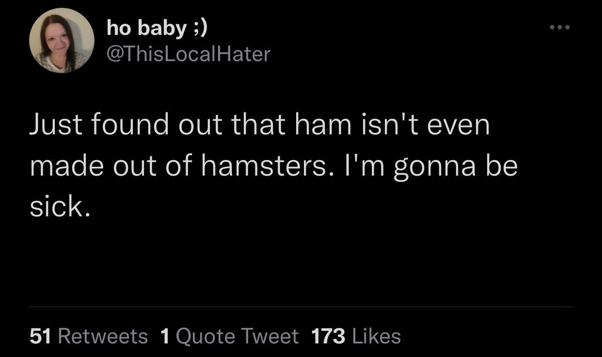 funny tweets - my fighting my urge - ho baby ; Just found out that ham isn't even made out of hamsters. I'm gonna be sick. 51 1 Quote Tweet 173