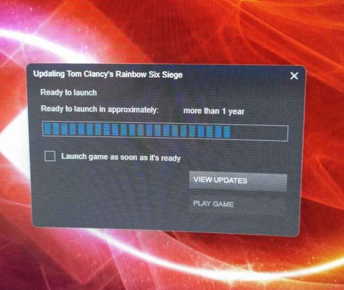 gaming memes - display device - Updating Tom Clancy's Rainbow Six Siege Ready to launch Ready to launch in approximately more than 1 year Launch game as soon as it's ready View Updates Play Game