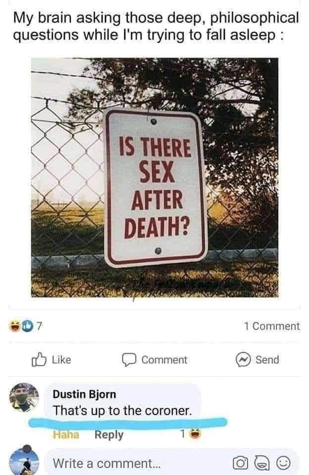 funny memes - dank memes connect - My brain asking those deep, philosophical questions while I'm trying to fall asleep Is There Sex After Death? 7 1 Comment 0 Comment Send Dustin Bjorn That's up to the coroner. Haha Write a comment...