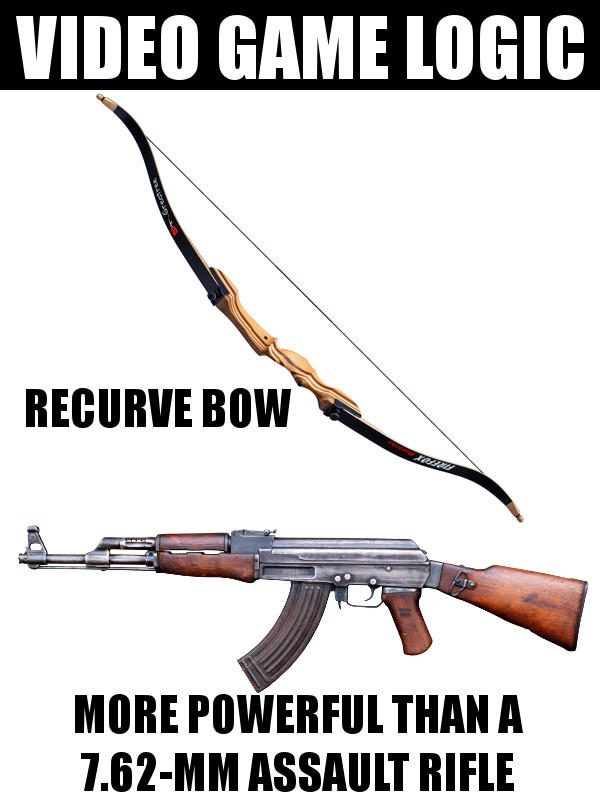 funny memes - dank memes video game gun meme - Video Game Logic Gerte Recurve Bow More Powerful Than A 7.62Mm Assault Rifle