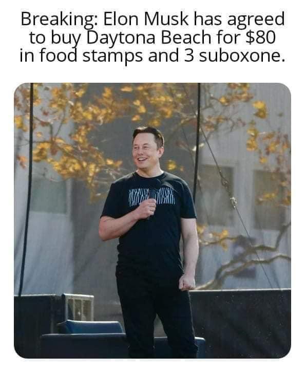 funny memes - dank memes - elon musk beeple - Breaking Elon Musk has agreed to buy Daytona Beach for $80 in food stamps and 3 suboxone.