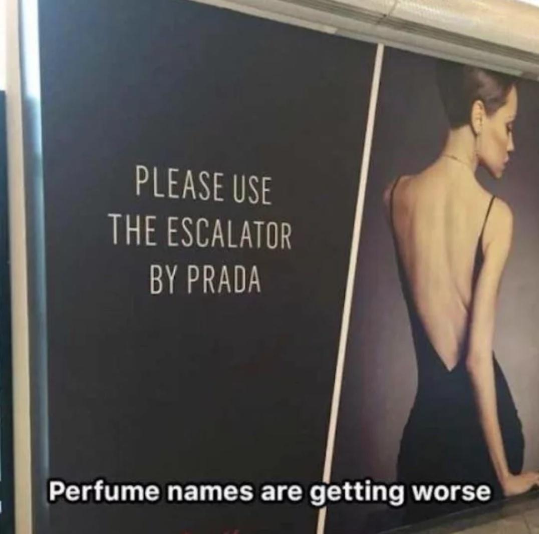 funny memes - dank memes - down the escalator by prada - Please Use The Escalator By Prada Perfume names are getting worse