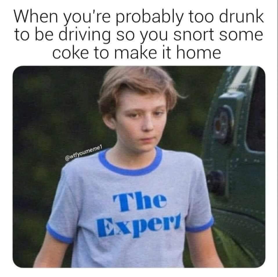 funny memes - dank memes - expert memes - When you're probably too drunk to be driving so you snort some coke to make it home The Expert