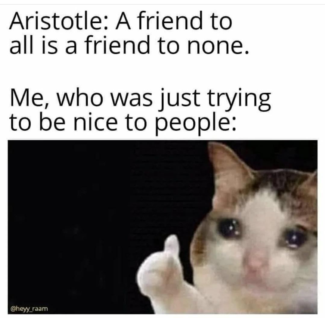 funny memes - dank memes - friends with benefits memes - Aristotle A friend to all is a friend to none. Me, who was just trying to be nice to people