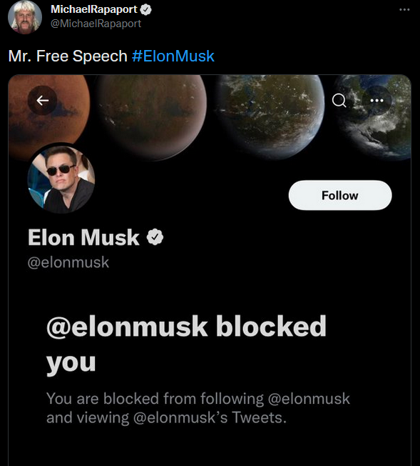 funny memes - screenshot - MichaelRapaport Mr. Free Speech Musk R Q Elon Musk blocked you You are blocked from ing and viewing s Tweets.
