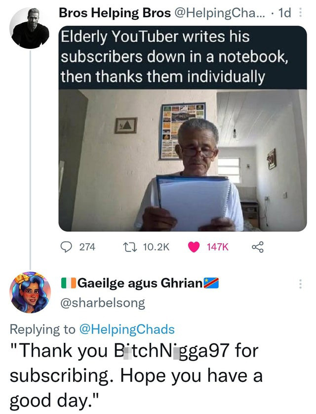 Funny Tweets - Elderly YouTuber writes his subscribers down in a notebook, then thanks them individually