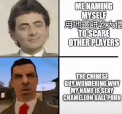 gaming memes - mr bean memes - Me Naming Myself To Scare Other Players The Chinese Guy Wondering Why My Name Is Sexy Chameleon Ball Porn