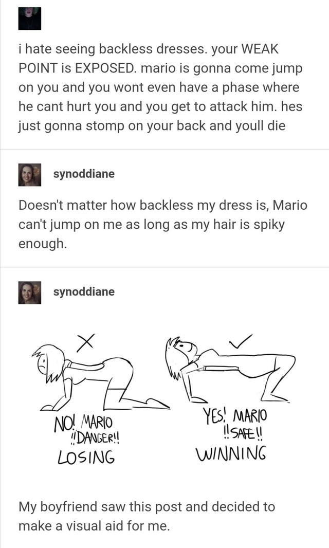 gaming memes - diagram - i hate seeing backless dresses. your Weak Point is Exposed. mario is gonna come jump on you and you wont even have a phase where he cant hurt you and you get to attack him, hes just gonna stomp on your back and youll die synoddian