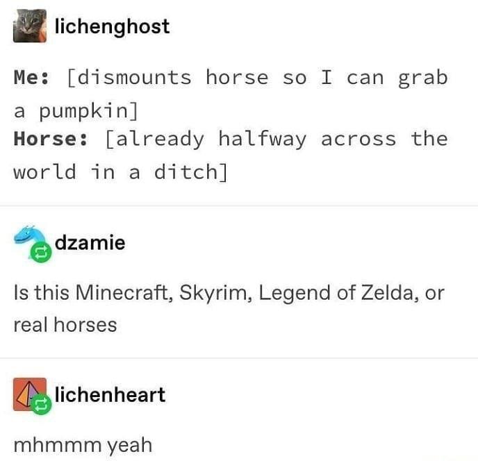 gaming memes - document - lichenghost Me dismounts horse so I can grab a pumpkin Horse already halfway across the world in a ditch dzamie Is this Minecraft, Skyrim, Legend of Zelda, or real horses flichenheart mhmmm yeah