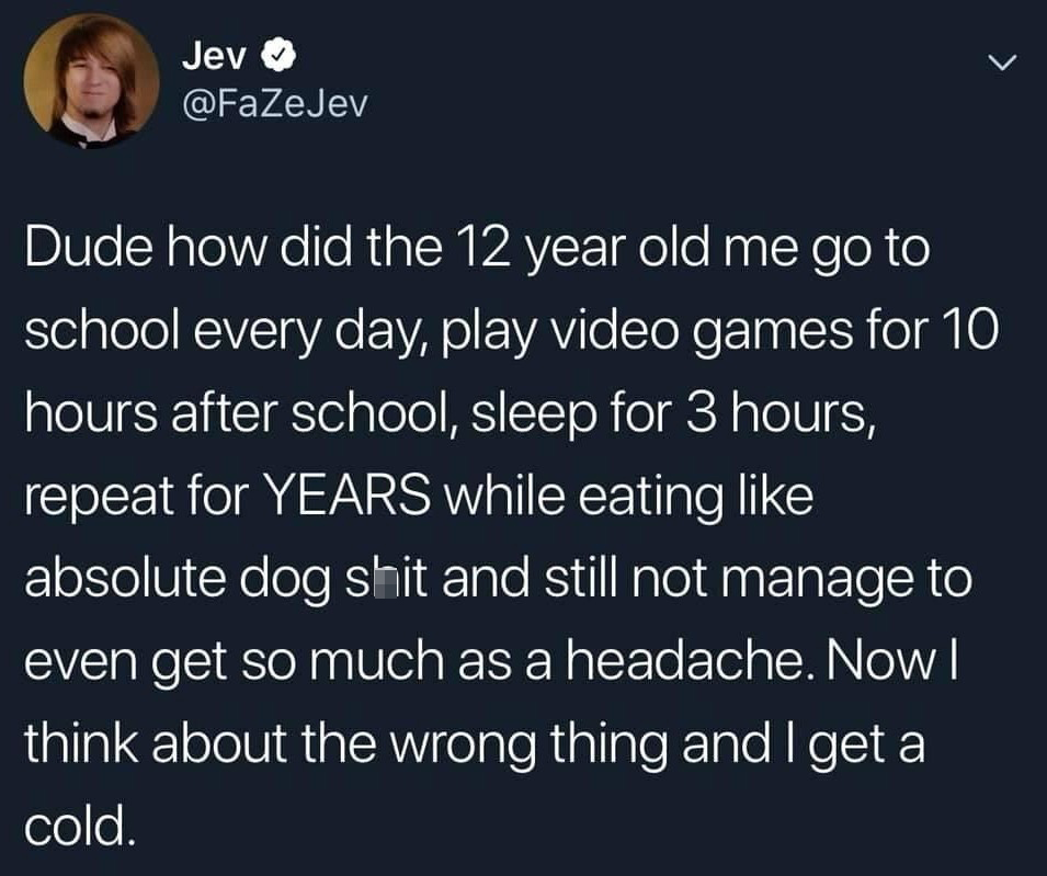 funny tweets - you study you work quotes - Jev Dude how did the 12 year old me go to school every day, play video games for 10 hours after school, sleep for 3 hours, repeat for Years while eating absolute dog shit and still not manage to even get so much 