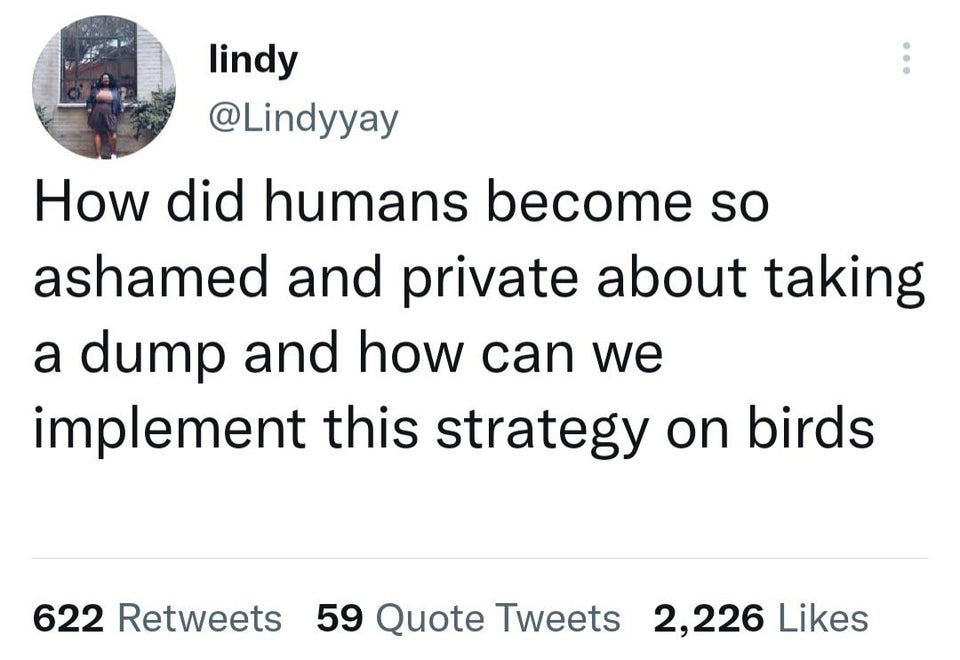 funny tweets - NCT - lindy How did humans become so ashamed and private about taking a dump and how can we implement this strategy on birds 622 59 Quote Tweets 2,226
