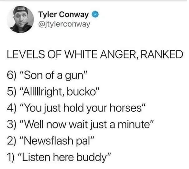funny tweets - levels of white anger - Tyler Conway Levels Of White Anger, Ranked 6 "Son of a gun" 5 "Alllllright, bucko" 4 "You just hold your horses" 3 "Well now wait just a minute" 2 "Newsflash pal" 1 "Listen here buddy"